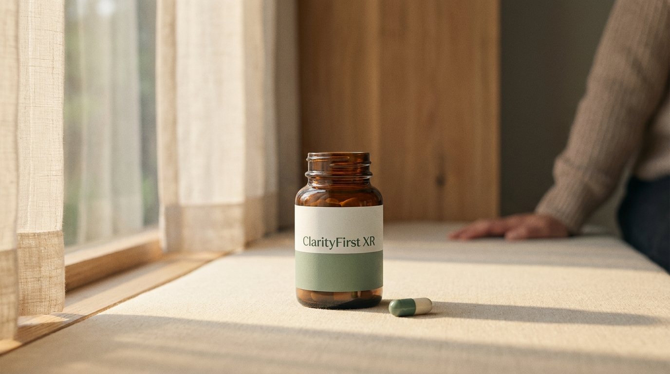 A prescription bottle labeled ClarityFirst XR beside a single sage-and-cream capsule